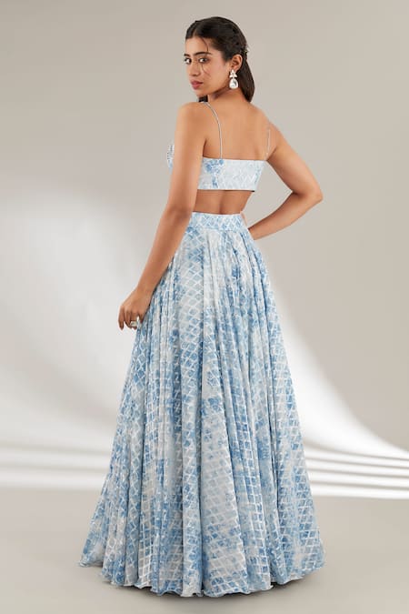 Shop Ajiesh Oberoi Blue Organza, Brasso, Upada Silk Checkered, Crystal, Patterned Lehenga Set at Aza Fashions Shop_Ajiesh Oberoi_Blue Organza, Brasso, Upada Silk Checkered, Crystal, Patterned Lehenga Set _at_Aza_Fashions