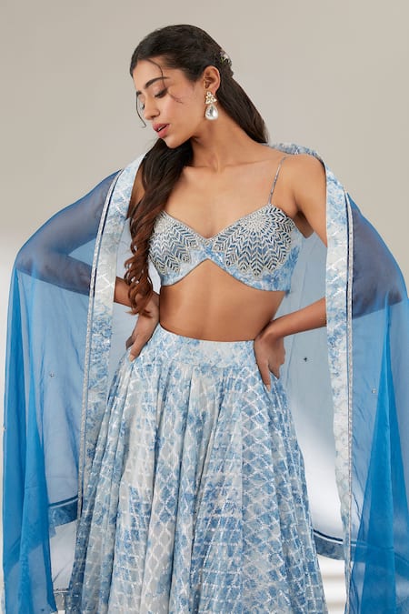 Ajiesh Oberoi Blue Organza, Brasso, Upada Silk Checkered, Crystal, Patterned Lehenga Set Online at Aza Fashions Ajiesh Oberoi_Blue Organza, Brasso, Upada Silk Checkered, Crystal, Patterned Lehenga Set _Online_at_Aza_Fashions