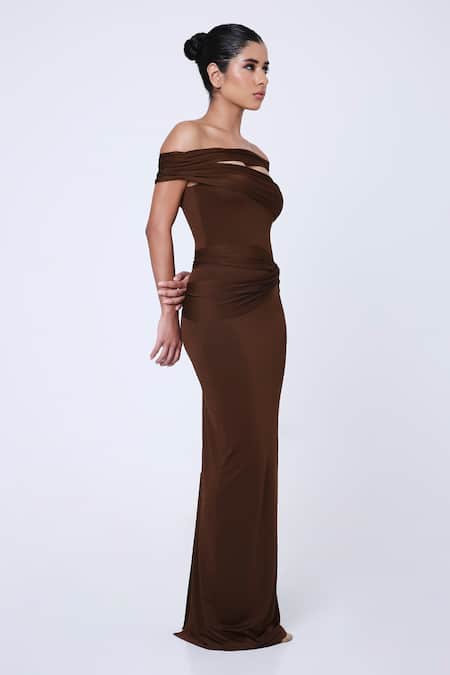 Antithesis India Brown Ity Lycra Straight Amie Twisted Draped Waist Dress Online at Aza Fashions Antithesis India_Brown Ity Lycra Straight Amie Twisted Draped Waist Dress _Online_at_Aza_Fashions