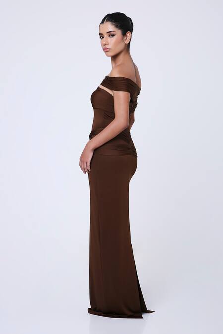 Buy Antithesis India Brown Ity Lycra Straight Amie Twisted Draped Waist Dress Online at Aza Fashions Buy_Antithesis India_Brown Ity Lycra Straight Amie Twisted Draped Waist Dress _Online_at_Aza_Fashions