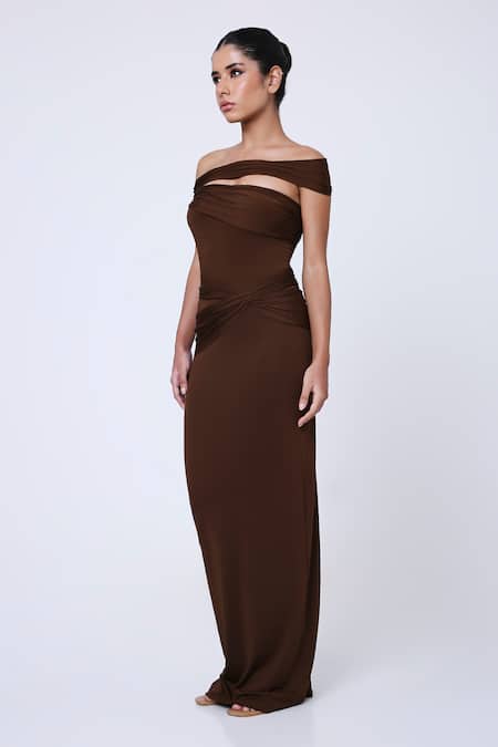 Shop Antithesis India Brown Ity Lycra Straight Amie Twisted Draped Waist Dress Online at Aza Fashions Shop_Antithesis India_Brown Ity Lycra Straight Amie Twisted Draped Waist Dress _Online_at_Aza_Fashions