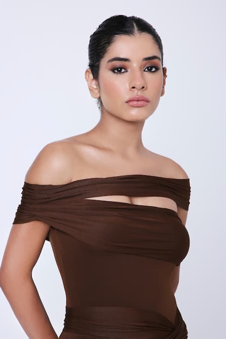 Antithesis India Brown Ity Lycra Straight Amie Twisted Draped Waist Dress at Aza Fashions Antithesis India_Brown Ity Lycra Straight Amie Twisted Draped Waist Dress _at_Aza_Fashions