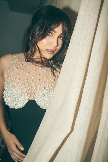 Buy_Antithesis India_Black Georgette Pearls Round Neck Cluster Embellished Dress 