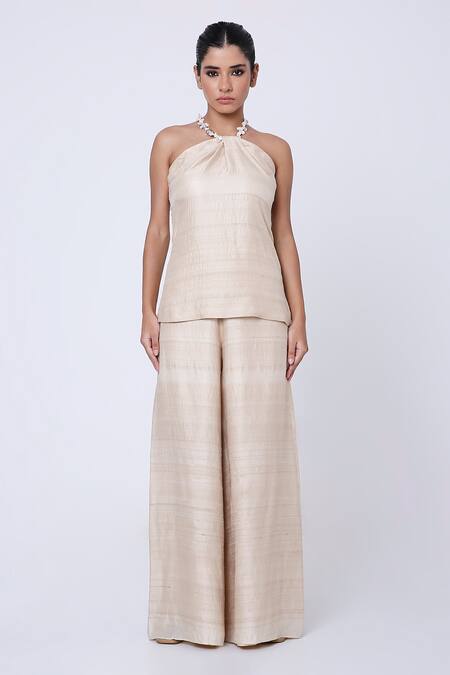 Antithesis India_Beige Top Lining Shantoon, Top Tussar Satin Perla And Wide Legged Trouser Set _Online_at_Aza_Fashions