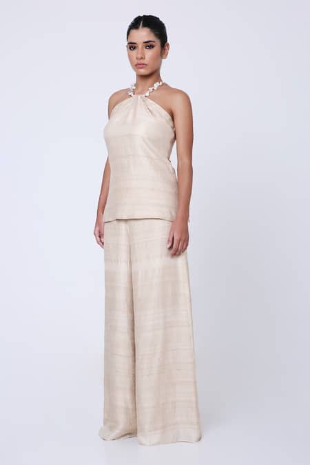 Buy_Antithesis India_Beige Top Lining Shantoon, Top Tussar Satin Perla And Wide Legged Trouser Set _Online_at_Aza_Fashions