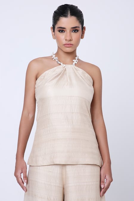 Shop_Antithesis India_Beige Top Lining Shantoon, Top Tussar Satin Perla And Wide Legged Trouser Set _Online_at_Aza_Fashions