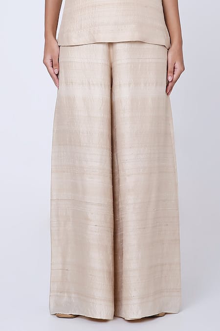 Antithesis India_Beige Top Lining Shantoon, Top Tussar Satin Perla And Wide Legged Trouser Set _at_Aza_Fashions