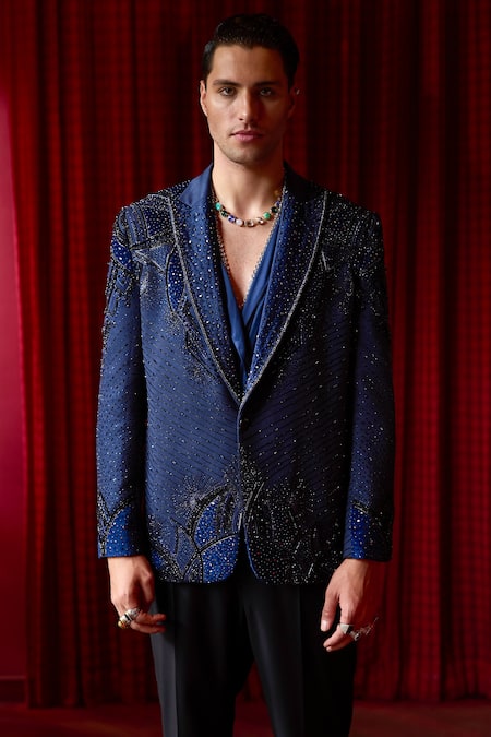 Buy Asuka Blue Velvet Cut Work, Patchwork Embroidered Tuxedo Set Online at Aza Fashions Buy_Asuka_Blue Velvet Cut Work, Patchwork Embroidered Tuxedo Set _Online_at_Aza_Fashions