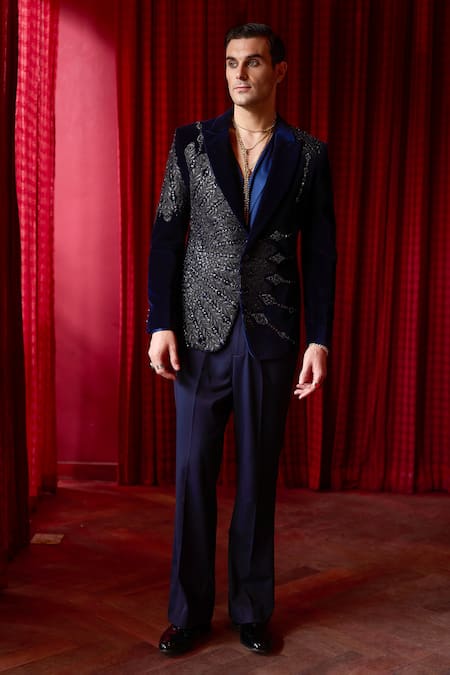 Asuka Deep Blue Leather Patchwork Tuxedo Set 