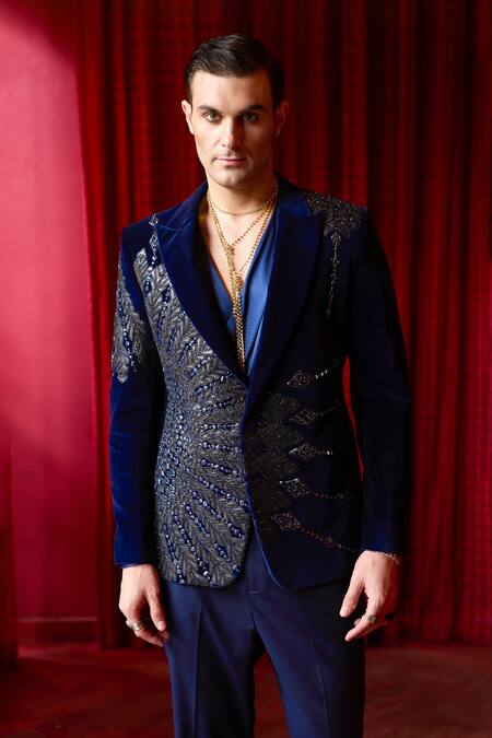 Shop_Asuka_Blue Velvet Sequins Deep Leather Patchwork Tuxedo Set _Online_at_Aza_Fashions