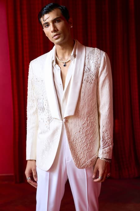 Buy_Asuka_White Jacquard Crystal, Pearl, Celestial Enigma Embroidered Tuxedo And Trouser Set _Online_at_Aza_Fashions