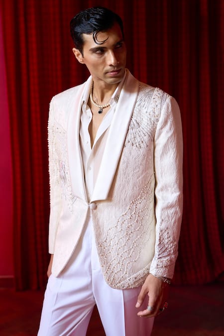 Shop_Asuka_White Jacquard Crystal, Pearl, Celestial Enigma Embroidered Tuxedo And Trouser Set _Online_at_Aza_Fashions