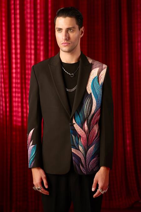 Shop_Asuka_Black Tissue Cut Work Hand Painted Embroidered Tuxedo And Trouser Set _Online_at_Aza_Fashions