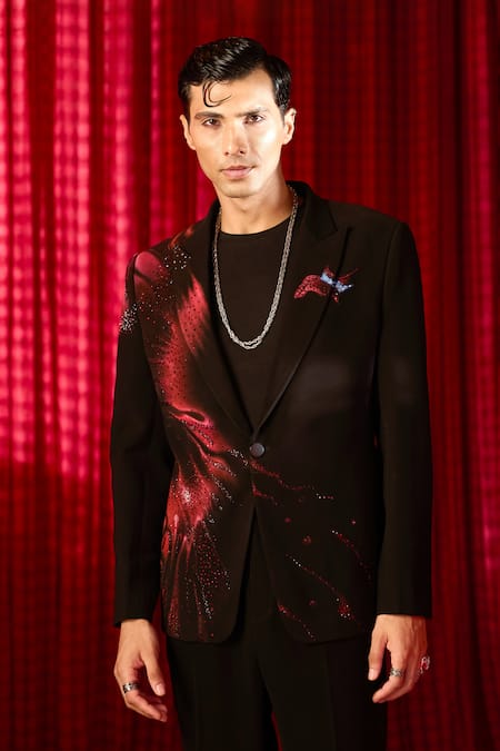 Buy_Asuka_Black Tissue Crystals Handpainted Embroidered Tuxedo Set _Online_at_Aza_Fashions