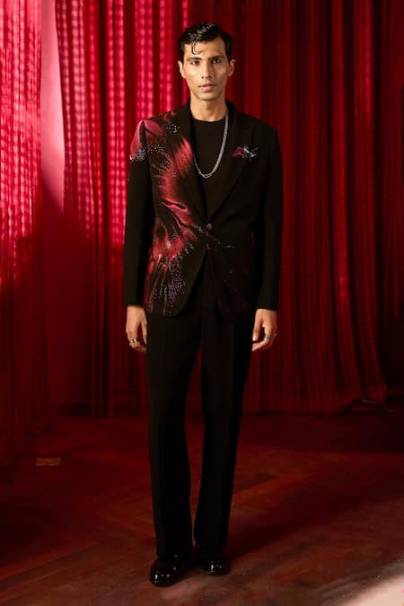 Shop_Asuka_Black Tissue Crystals Handpainted Embroidered Tuxedo Set _Online_at_Aza_Fashions