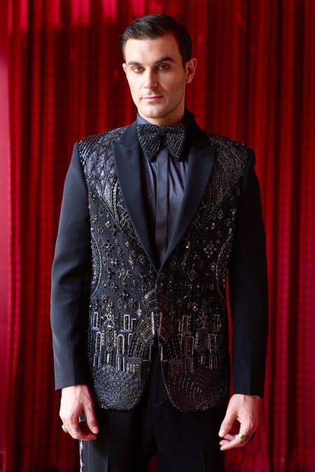Buy_Asuka_Black Silk Swarovski Crystal, Metal Bloom Embroidered Tuxedo And Trouser Set _Online_at_Aza_Fashions