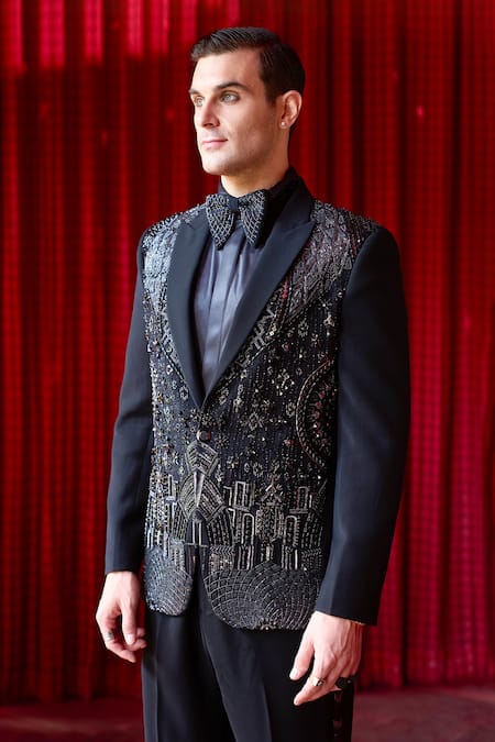 Shop_Asuka_Black Silk Swarovski Crystal, Metal Bloom Embroidered Tuxedo And Trouser Set _Online_at_Aza_Fashions