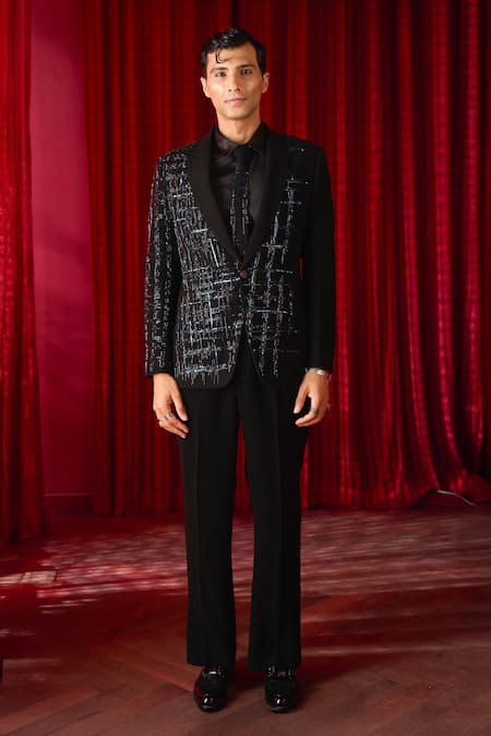 Asuka_Black Tigene Cutdana, Celestial Nexus And Embroidered Tuxedo & Trouser Set _Online_at_Aza_Fashions