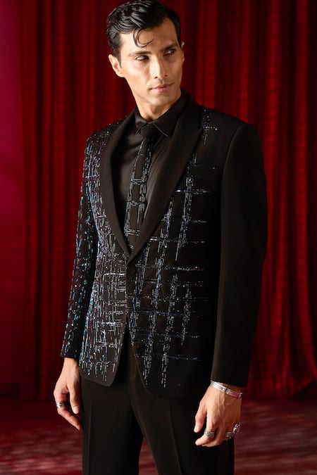 Buy_Asuka_Black Tigene Cutdana, Celestial Nexus And Embroidered Tuxedo & Trouser Set _Online_at_Aza_Fashions