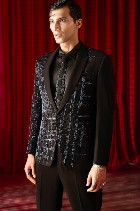 Shop_Asuka_Black Tigene Cutdana, Celestial Nexus And Embroidered Tuxedo & Trouser Set _Online_at_Aza_Fashions