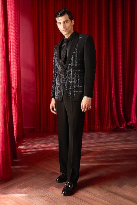 Asuka_Black Tigene Cutdana, Celestial Nexus And Embroidered Tuxedo & Trouser Set _at_Aza_Fashions