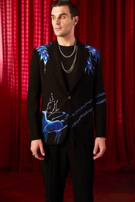 Shop_Asuka_Black Tissue Embroidery Hand Painted Tuxedo Set _Online_at_Aza_Fashions