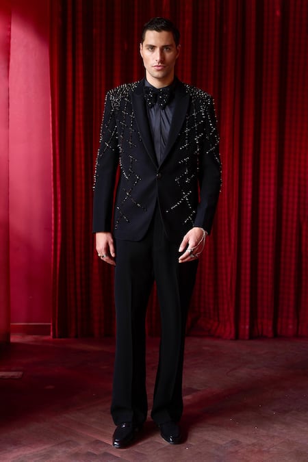 Asuka_Black Tigene Metal Stud, Abyssal Gleam And Embroidered Tuxedo & Trouser Set _Online_at_Aza_Fashions