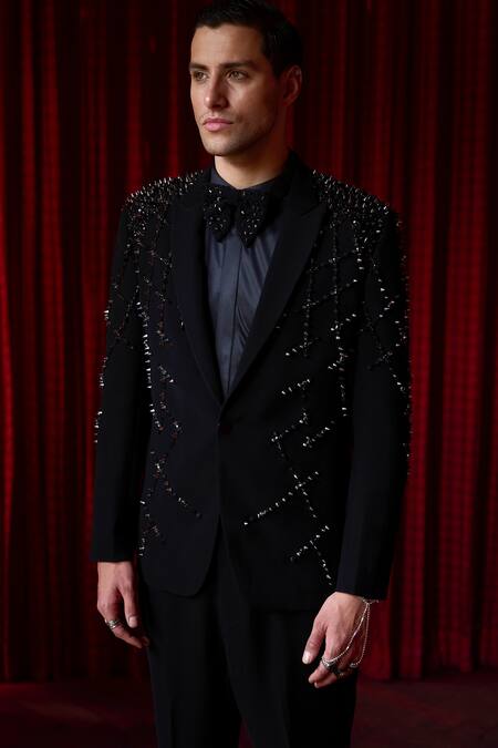 Buy_Asuka_Black Tigene Metal Stud, Abyssal Gleam And Embroidered Tuxedo & Trouser Set _Online_at_Aza_Fashions