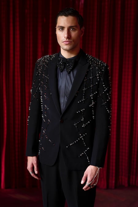 Shop_Asuka_Black Tigene Metal Stud, Abyssal Gleam And Embroidered Tuxedo & Trouser Set _Online_at_Aza_Fashions