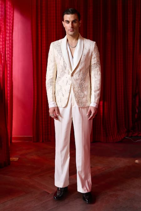 Asuka White Cutdana Embroidered Tuxedo & Trouser Set 