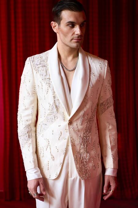 Asuka White Jacquard Cut Work Cutdana Embroidered Tuxedo And Trouser Set Online at Aza Fashions Asuka_White Jacquard Cut Work Cutdana Embroidered Tuxedo And Trouser Set _Online_at_Aza_Fashions