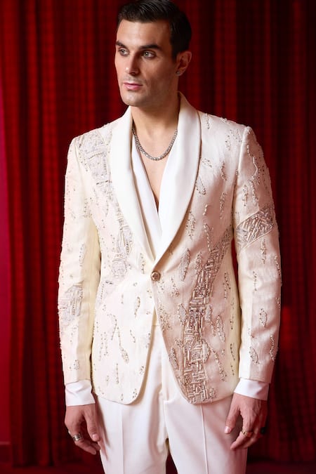 Buy Asuka White Jacquard Cut Work Cutdana Embroidered Tuxedo And Trouser Set Online at Aza Fashions Buy_Asuka_White Jacquard Cut Work Cutdana Embroidered Tuxedo And Trouser Set _Online_at_Aza_Fashions