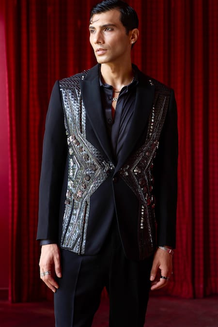 Asuka_Black Silk Studs, Metallic Thread Embellished Tuxedo Set _Online_at_Aza_Fashions