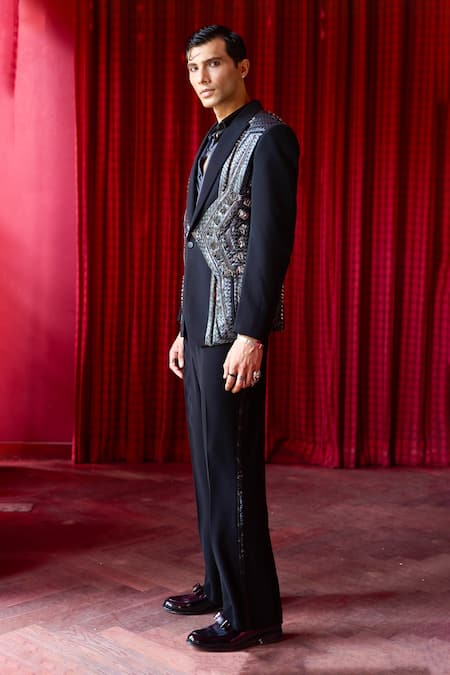 Shop_Asuka_Black Silk Studs, Metallic Thread Embellished Tuxedo Set _Online_at_Aza_Fashions