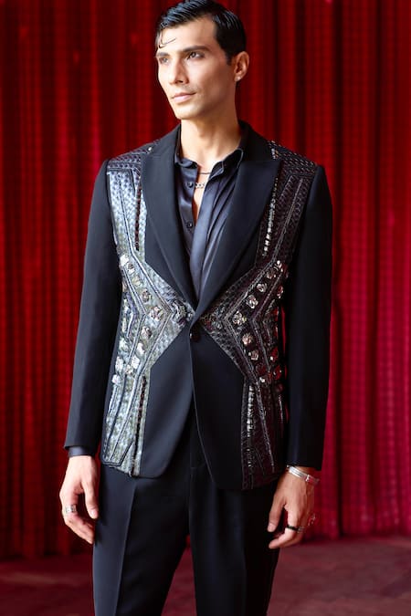 Asuka_Black Silk Studs, Metallic Thread Embellished Tuxedo Set _at_Aza_Fashions