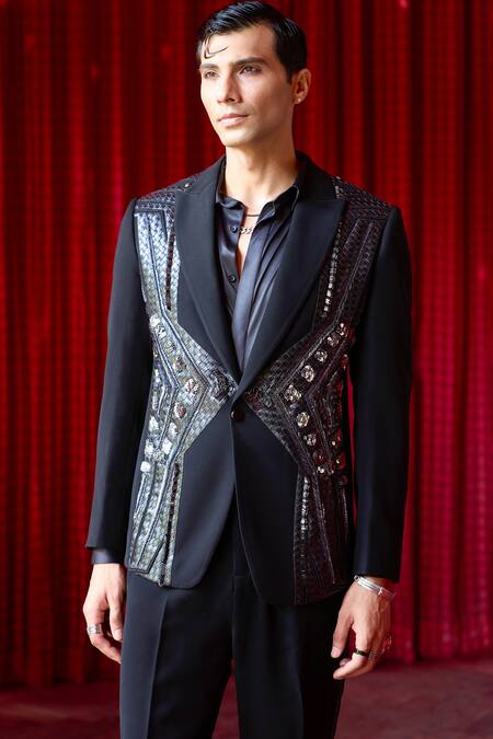 Buy_Asuka_Black Silk Studs, Metallic Thread Embellished Tuxedo Set 