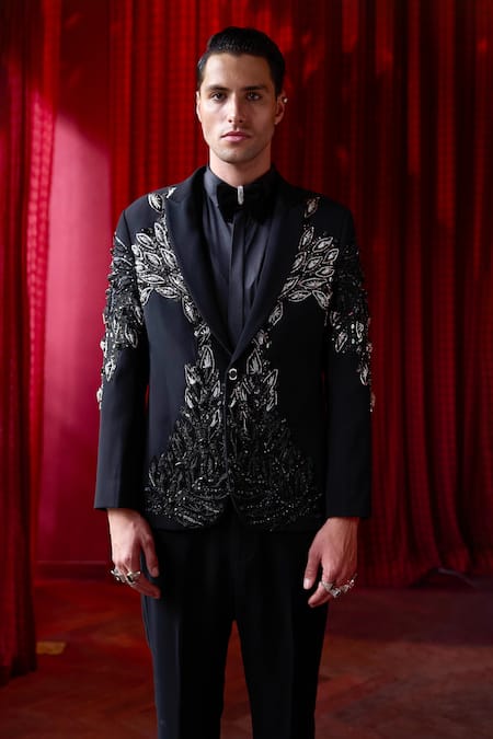 Asuka_Black Tissue Pearls, Metallic Thread Embellished Tuxedo And Trouser Set _Online_at_Aza_Fashions
