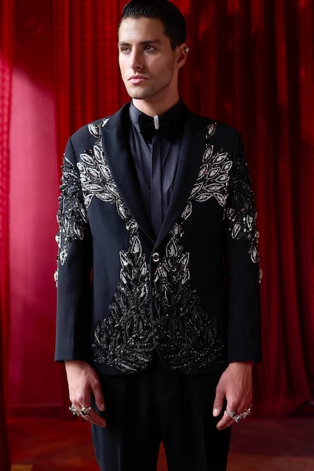 Buy_Asuka_Black Tissue Pearls, Metallic Thread Embellished Tuxedo And Trouser Set _Online_at_Aza_Fashions