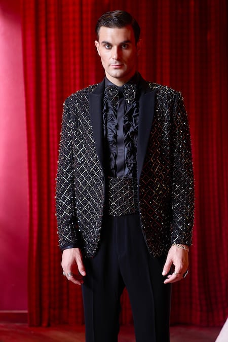 Buy_Asuka_Black Tissue Stones Embellished Tuxedo And Trouser Set _Online_at_Aza_Fashions