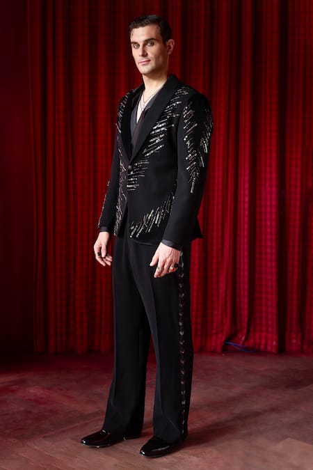 Asuka Bead Embroidered Black Tuxedo & Trouser Set 