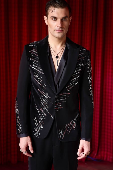 Buy Asuka Black Tissue Embroidery Bead Tuxedo And Trouser Set Online at Aza Fashions Buy_Asuka_Black Tissue Embroidery Bead Tuxedo And Trouser Set _Online_at_Aza_Fashions