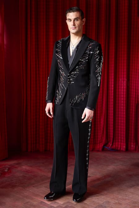 Shop Asuka Black Tissue Embroidery Bead Tuxedo And Trouser Set Online at Aza Fashions Shop_Asuka_Black Tissue Embroidery Bead Tuxedo And Trouser Set _Online_at_Aza_Fashions