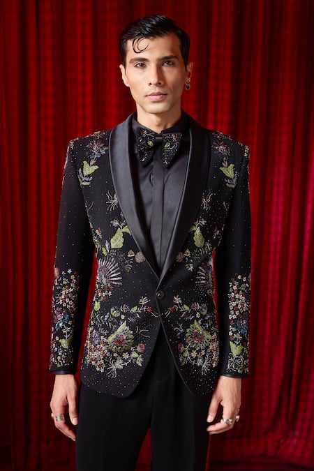 Buy_Asuka_Black Tigene Cutdana, Pearl Garden Of Midnight Embroidered Tuxedo And Trouser Set _Online_at_Aza_Fashions