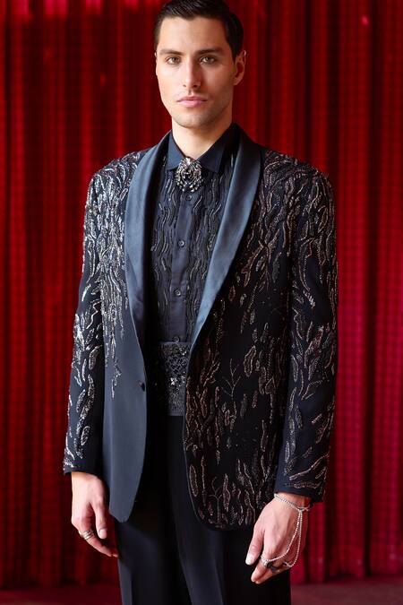 Buy_Asuka_Black Tigene Cutdana, Moti, Neem Zari Embroidered Tuxedo And Trouser Set _Online_at_Aza_Fashions