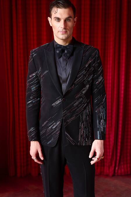Buy_Asuka_Black Tigene Bead Embroidered Tuxedo And Trouser Set _Online_at_Aza_Fashions