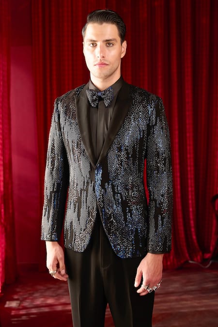 Asuka_Black Silk Sequin, Moti, Nalki Embroidered Tuxedo And Trouser Set _Online_at_Aza_Fashions