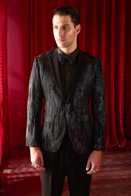 Buy_Asuka_Black Silk Sequin, Moti, Nalki Embroidered Tuxedo And Trouser Set _Online_at_Aza_Fashions