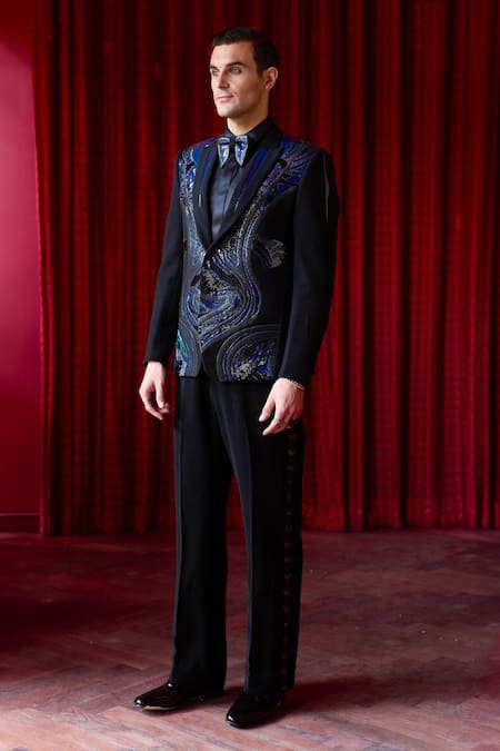 Asuka Black Textured Embroidered Tuxedo & Trouser Set 