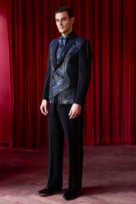 Asuka_Black Tissue Embroidery Textured Tuxedo And Trouser Set _Online_at_Aza_Fashions