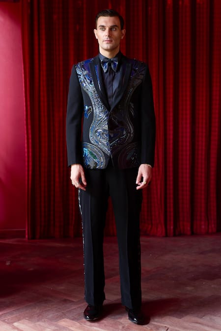 Buy_Asuka_Black Tissue Embroidery Textured Tuxedo And Trouser Set _Online_at_Aza_Fashions